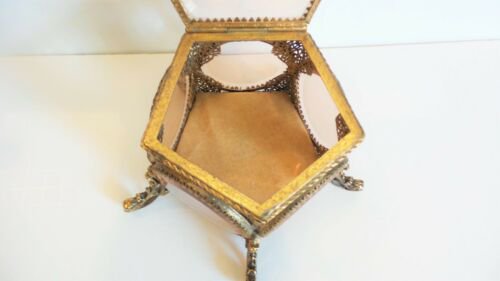 ヴィンテージ　真鍮　金メッキ　5面窓　ジュエリーボックス　面取りガラス