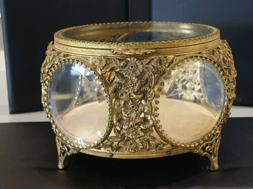 ヴィンテージ　金メッキ　円形トップ　面取りガラス　5面　ジュエリーボックス　小物入れ