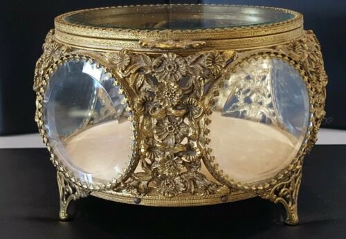 ヴィンテージ　金メッキ　円形トップ　面取りガラス　5面　ジュエリーボックス　小物入れ