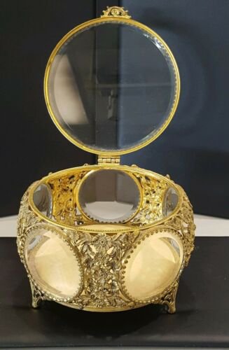 ヴィンテージ　金メッキ　円形トップ　面取りガラス　5面　ジュエリーボックス　小物入れ