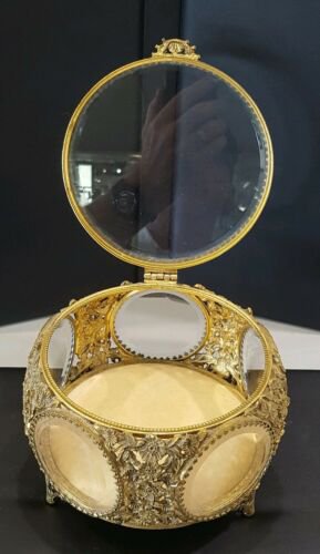 ヴィンテージ　金メッキ　円形トップ　面取りガラス　5面　ジュエリーボックス　小物入れ