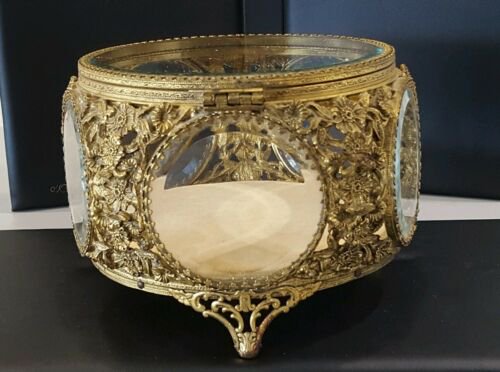 ヴィンテージ　金メッキ　円形トップ　面取りガラス　5面　ジュエリーボックス　小物入れ