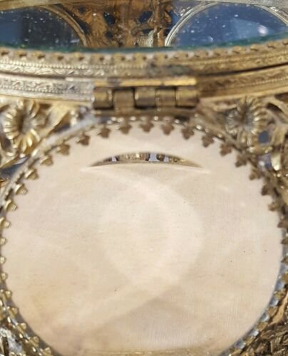 ヴィンテージ　金メッキ　円形トップ　面取りガラス　5面　ジュエリーボックス　小物入れ