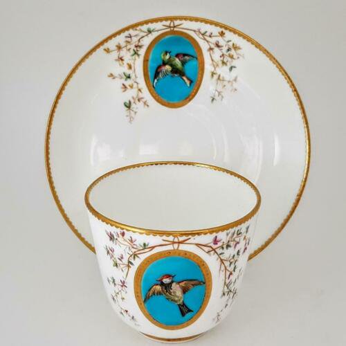 美品　アンティーク　ミントン　青　セレステ　エナメル加工　鳥　飾り棚　カップとソーサー　1875年