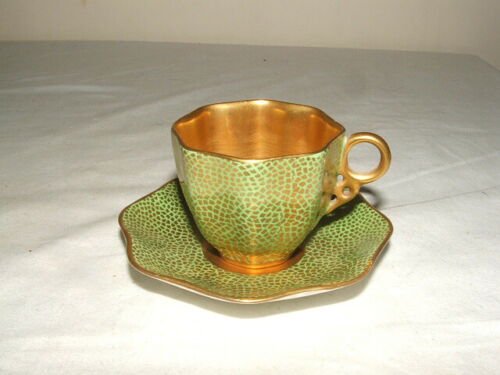 コールポート　ヴィンテージ　ミニチュア　緑　金メッキ　八角形　カップとソーサー　美品
