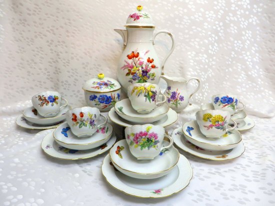 マイセン コーヒーセット　6人用　花・蝶のデザイン