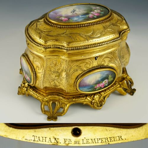 アンティーク　フランス製　タハン　パリ　金メッキ　ブロンズ　ジュエリーボックス　小物入れ　磁器　額