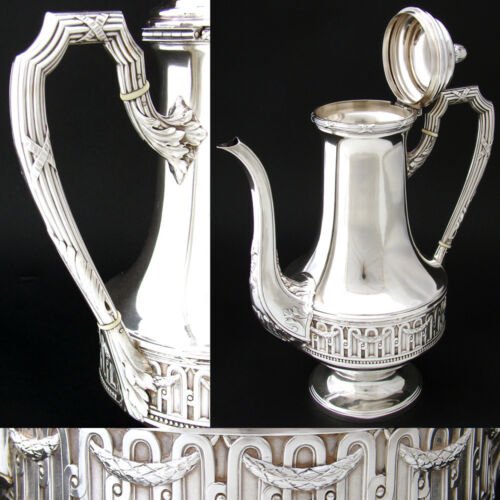 アンティーク　フランス製　25.5cm　スターリングシルバー　耽美　コーヒーポット　ティーポット　クラシック・スタイル　帝政様式