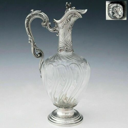 アンティーク　フランス製　スターリングシルバー　カットガラス　クラレットジャグ　ワイン　デキャンタ　ピッチャー