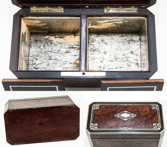 【フランス製アンティーク】象嵌が施されたブールのジュエリーボックス（ティー・キャディ)、1850年代頃