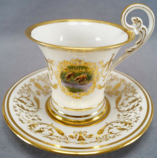 【フランス製リモージュ】風景が描かれた金色のチョコレートカップ＆ソーサー、1919〜1934年頃