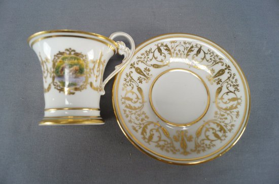 【フランス製リモージュ】風景が描かれた金色のチョコレートカップ＆ソーサー、1919〜1934年頃