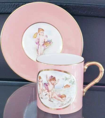 アンティーク　ロイヤルウースター　ピンク　ゴールド　カップとソーサー　手書き絵付け　天使