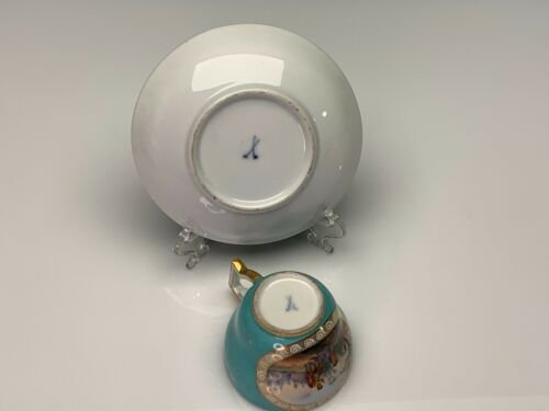 マイセン　磁器　カップとソーサー　新古典主義時代　風景　ターコイズ　1800年頃