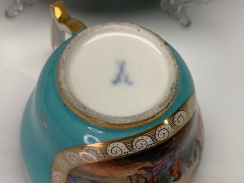 マイセン　磁器　カップとソーサー　新古典主義時代　風景　ターコイズ　1800年頃