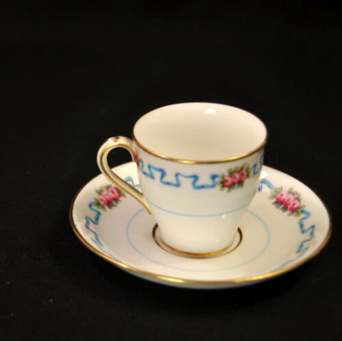 ミントン  デミタスカップ  ソーサー　ピンク　ローズ　エナメル　ブルー　リボン　1891-1901年