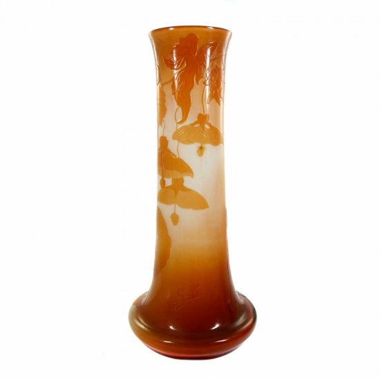 エミールガレ 朝鮮朝顔が描かれたオレンジ色の花瓶　1900年代