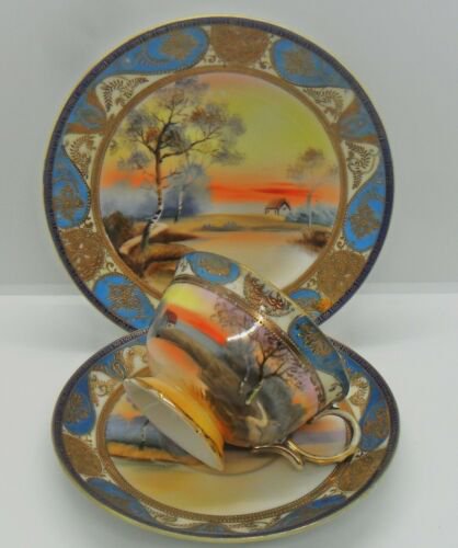 オールドノリタケ・金彩盛り 水色 風景図カップ＆ソーサートリオセット