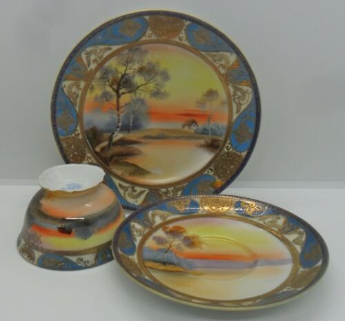 オールドノリタケ・金彩盛り 水色 風景図カップ＆ソーサートリオセット