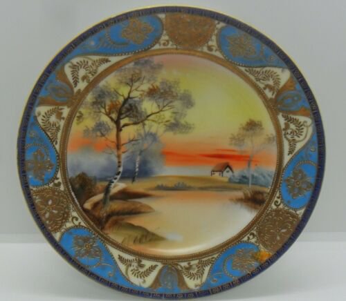 オールドノリタケ・金彩盛り 水色 風景図カップ＆ソーサートリオセット