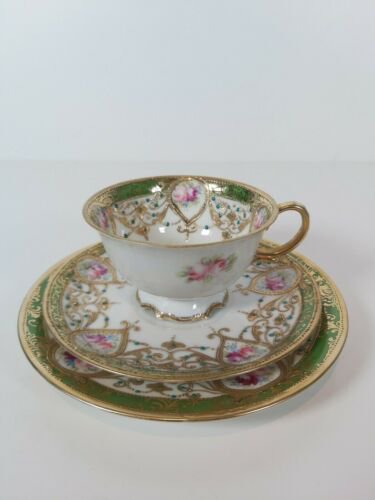 オールドノリタケ 金盛りピンクローズ&ターコイズ紋　キャビネットトリオ