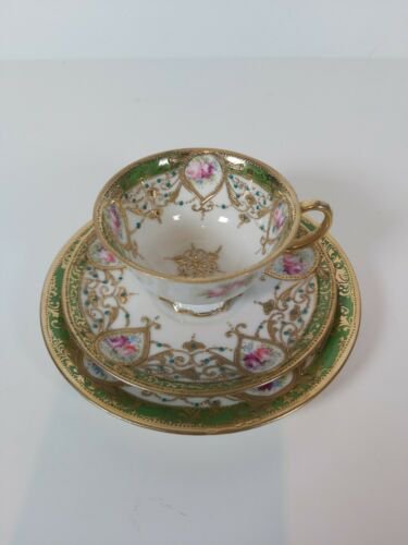 オールドノリタケ 金盛りピンクローズ&ターコイズ紋　キャビネットトリオ