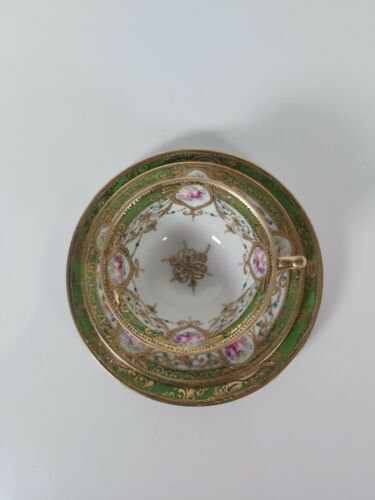 オールドノリタケ 金盛りピンクローズ&ターコイズ紋　キャビネットトリオ