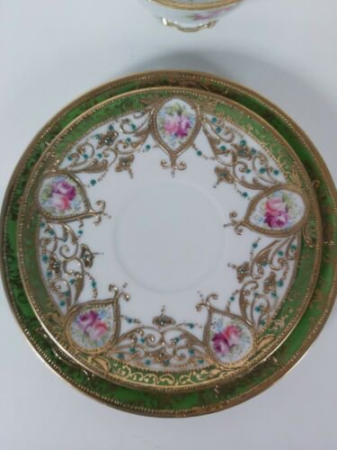 オールドノリタケ 金盛りピンクローズ&ターコイズ紋　キャビネットトリオ