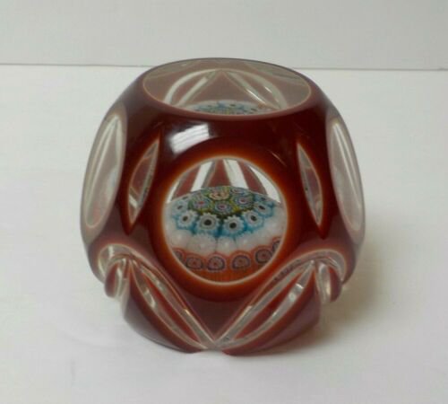 ムラノ　ミルフィオリ　ファセットカット　ルビーガラス　ペーパーウェイト