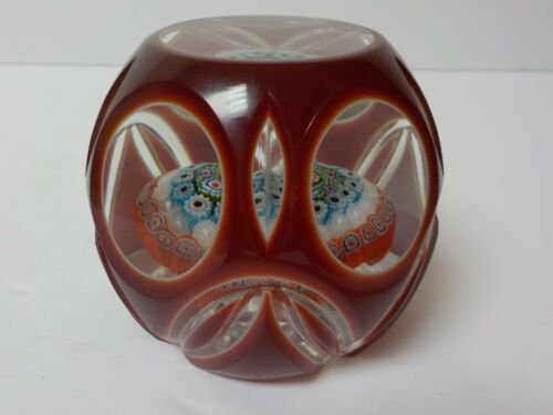 ムラノ　ミルフィオリ　ファセットカット　ルビーガラス　ペーパーウェイト