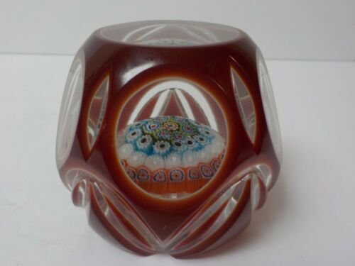 ムラノ　ミルフィオリ　ファセットカット　ルビーガラス　ペーパーウェイト