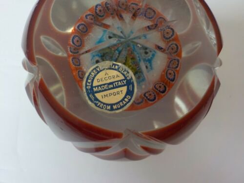 ムラノ　ミルフィオリ　ファセットカット　ルビーガラス　ペーパーウェイト