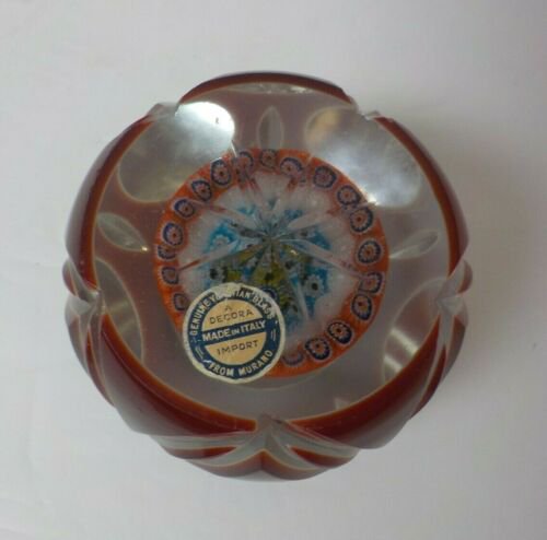 ムラノ　ミルフィオリ　ファセットカット　ルビーガラス　ペーパーウェイト