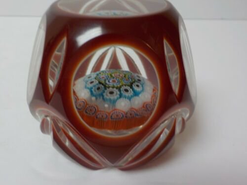 ムラノ　ミルフィオリ　ファセットカット　ルビーガラス　ペーパーウェイト