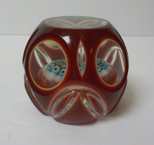 ムラノ　ミルフィオリ　ファセットカット　ルビーガラス　ペーパーウェイト