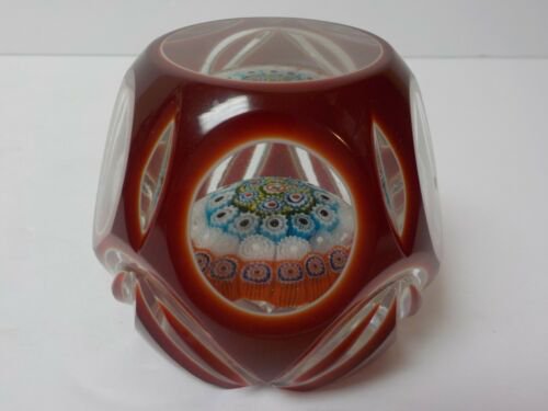 ムラノ　ミルフィオリ　ファセットカット　ルビーガラス　ペーパーウェイト