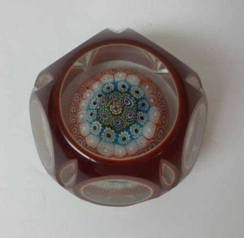 ムラノ　ミルフィオリ　ファセットカット　ルビーガラス　ペーパーウェイト