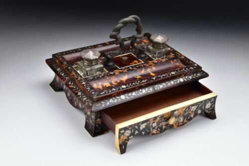中国　リクガメ　貝殻　インクスタンド　真珠層　はめ込み細工　１９世記