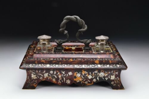 中国　リクガメ　貝殻　インクスタンド　真珠層　はめ込み細工　１９世記