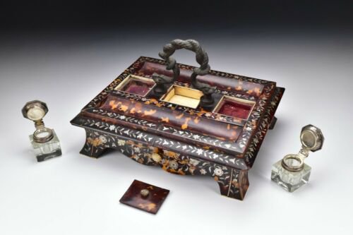 中国　リクガメ　貝殻　インクスタンド　真珠層　はめ込み細工　１９世記