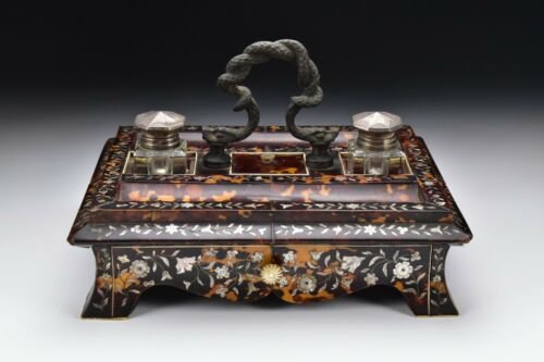 中国　リクガメ　貝殻　インクスタンド　真珠層　はめ込み細工　１９世記