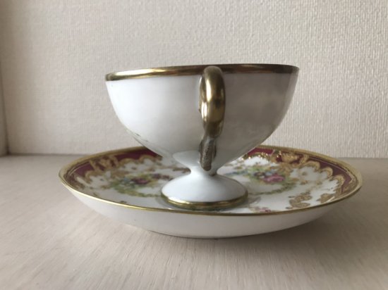 オールドノリタケ アールヌーボー様式 赤地にピンクローズと金彩のティーカップ(即日発送商品)