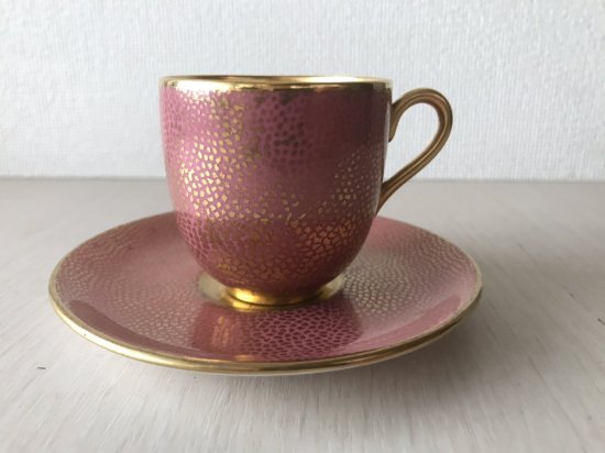 コールポート　ピンクモザイクとゴールドのデミタス　カップ＆ソーサー　1750年製