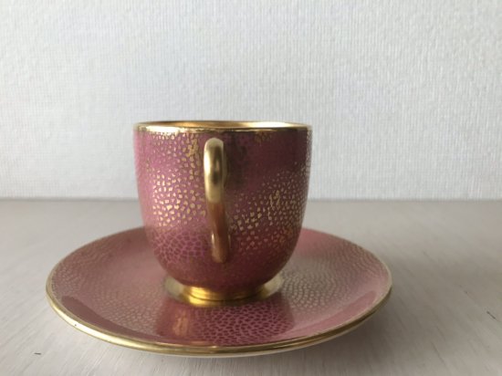 コールポート　ピンクモザイクとゴールドのデミタス　カップ＆ソーサー　1750年製