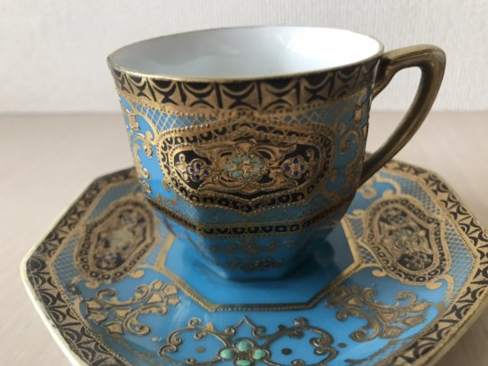 オールドノリタケ 金盛ターコイズとアールヌーボー紋 カップ＆ソーサー