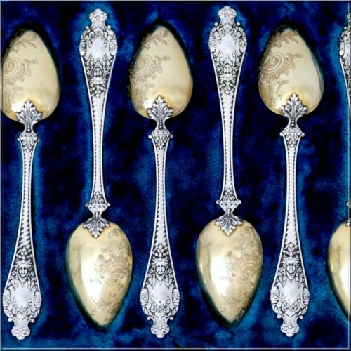 Ernieフランス　スターリングシルバー　18k スプーン　6本セット　ルネッサンス様式オリジナルの箱入り