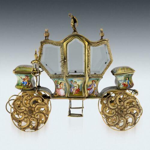 アンティーク 19世紀　オーストリア　純銀製　メッキ＆エナメル　四輪馬車　ウィーン c.1890