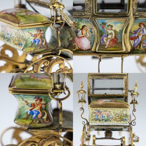 アンティーク 19世紀　オーストリア　純銀製　メッキ＆エナメル　四輪馬車　ウィーン c.1890