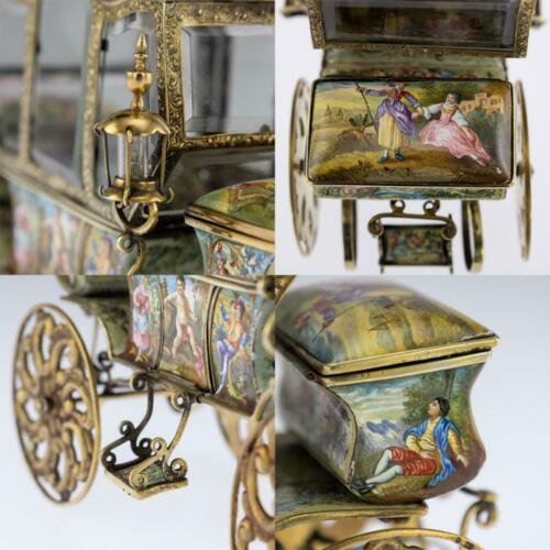 アンティーク 19世紀　オーストリア　純銀製　メッキ＆エナメル　四輪馬車　ウィーン c.1890