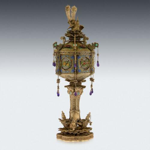 20世紀　中国輸出　純銀製　すかし細工　宝石飾りつき　カップとカバーセット　c.1950